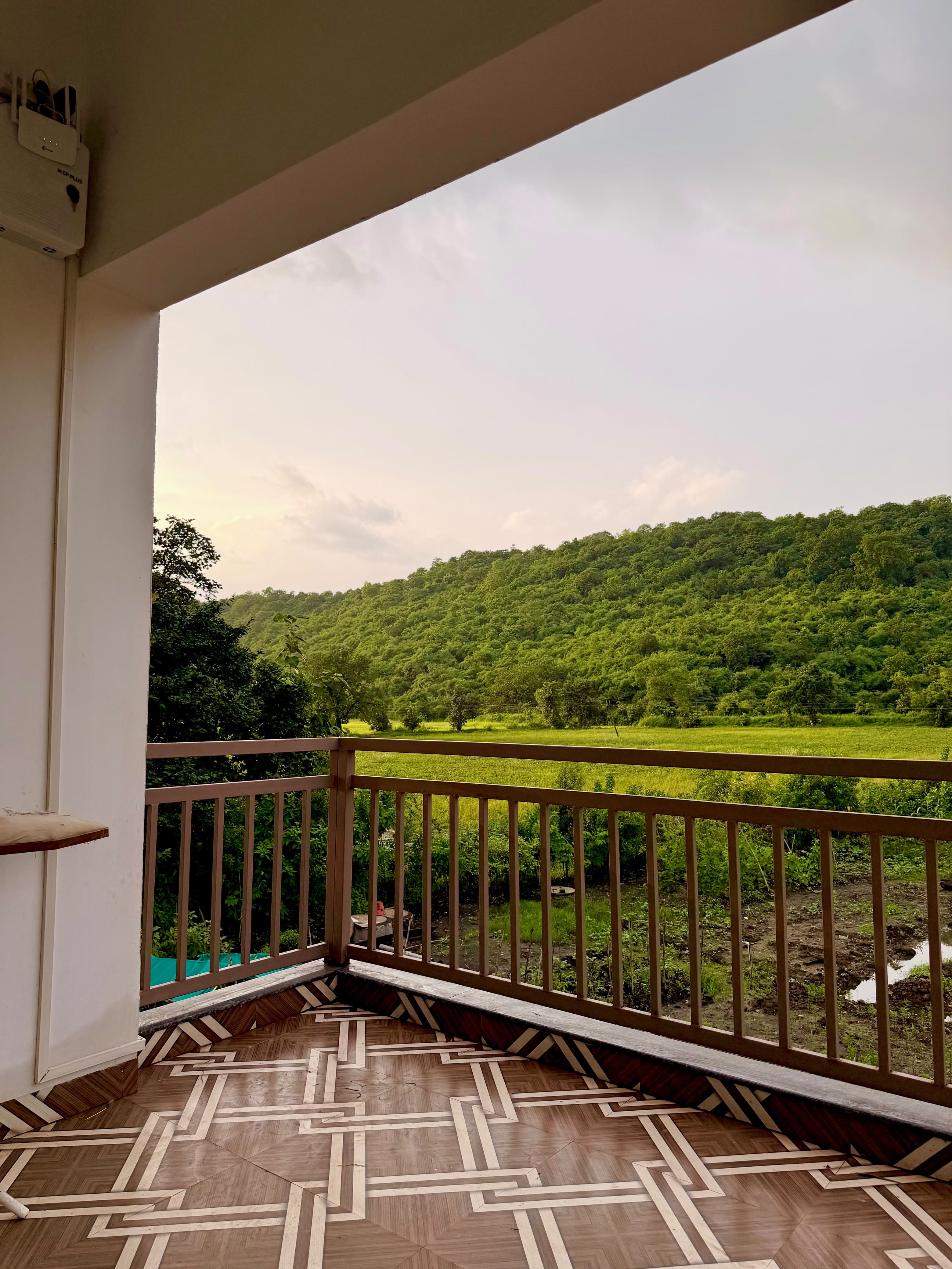 View of the green forested hills and open fields from the villa.