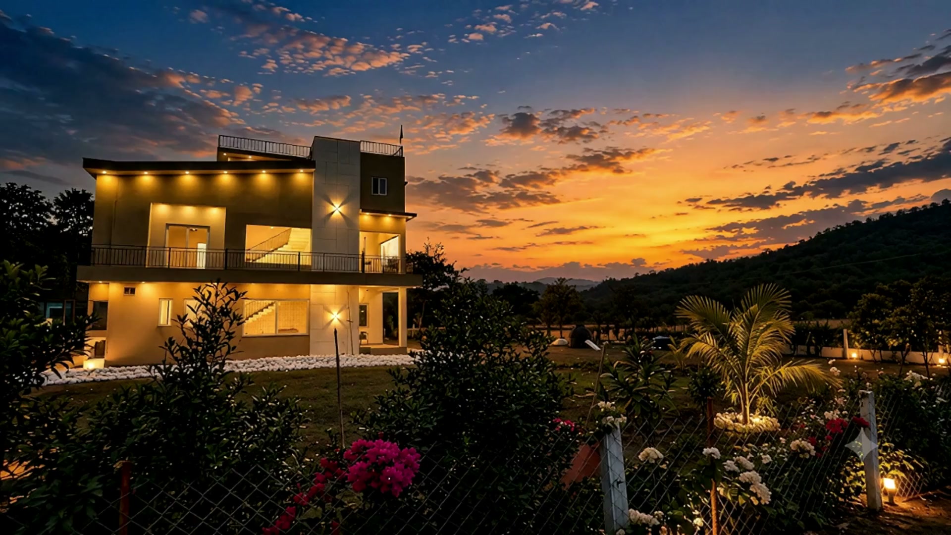 The Saanjh house at sunset, lights on, with the hill and orange sky behind it.